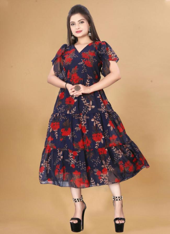 Georgette Navy Blue Casual Wear Printed Readymade Gown